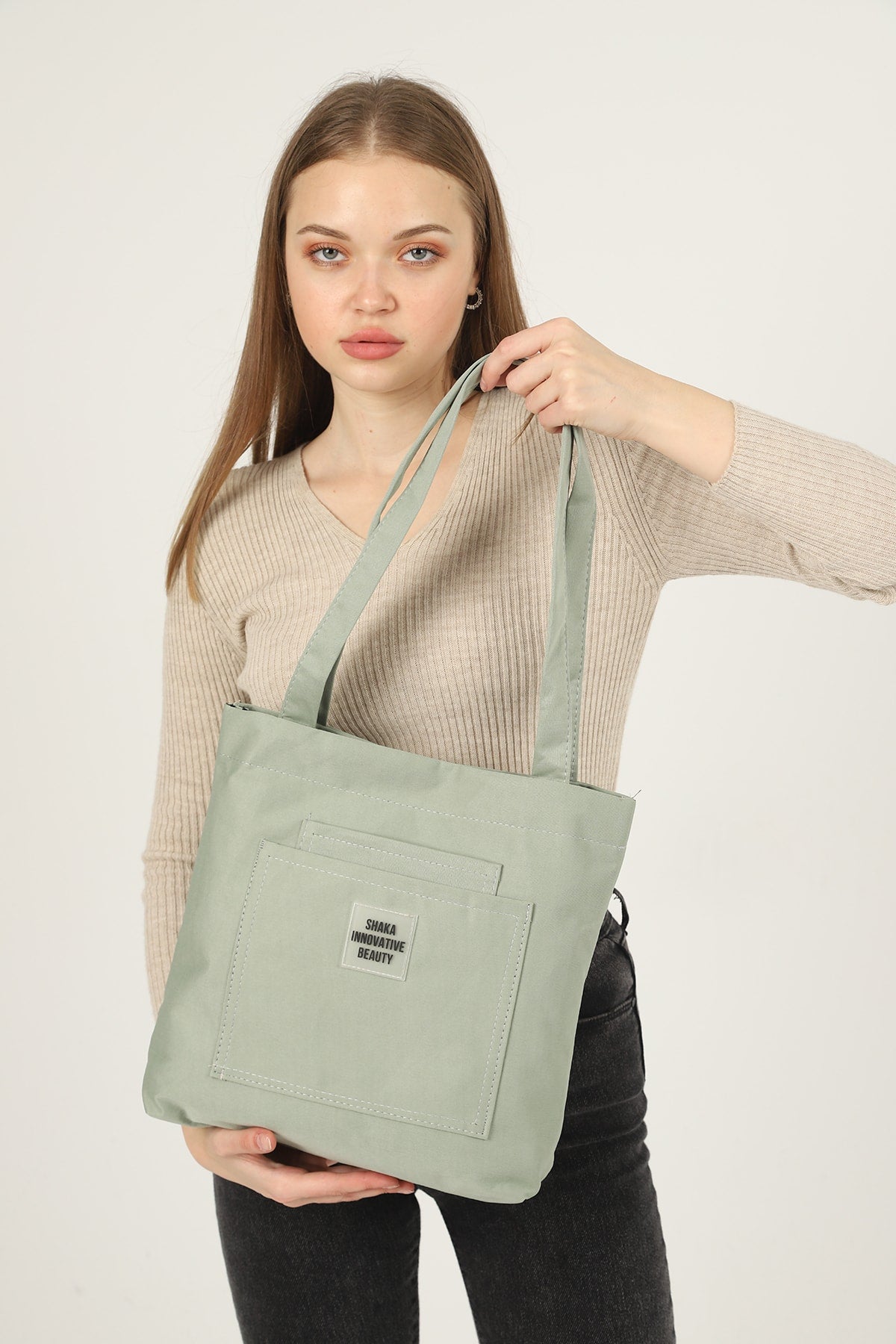 Green U22 3-Compartment Front 2 Pocket Detailed Canvas Fabric Daily Women's Arm and Shoulder Bag B:35 E:35