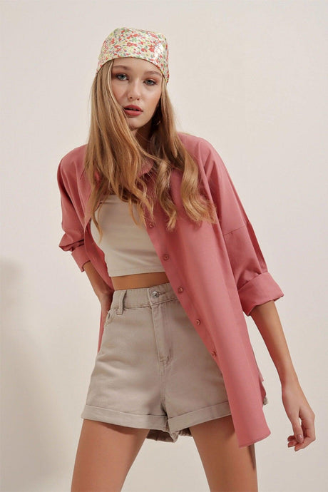 3900 Dried Rose Oversize Long Basic Shirt - Swordslife