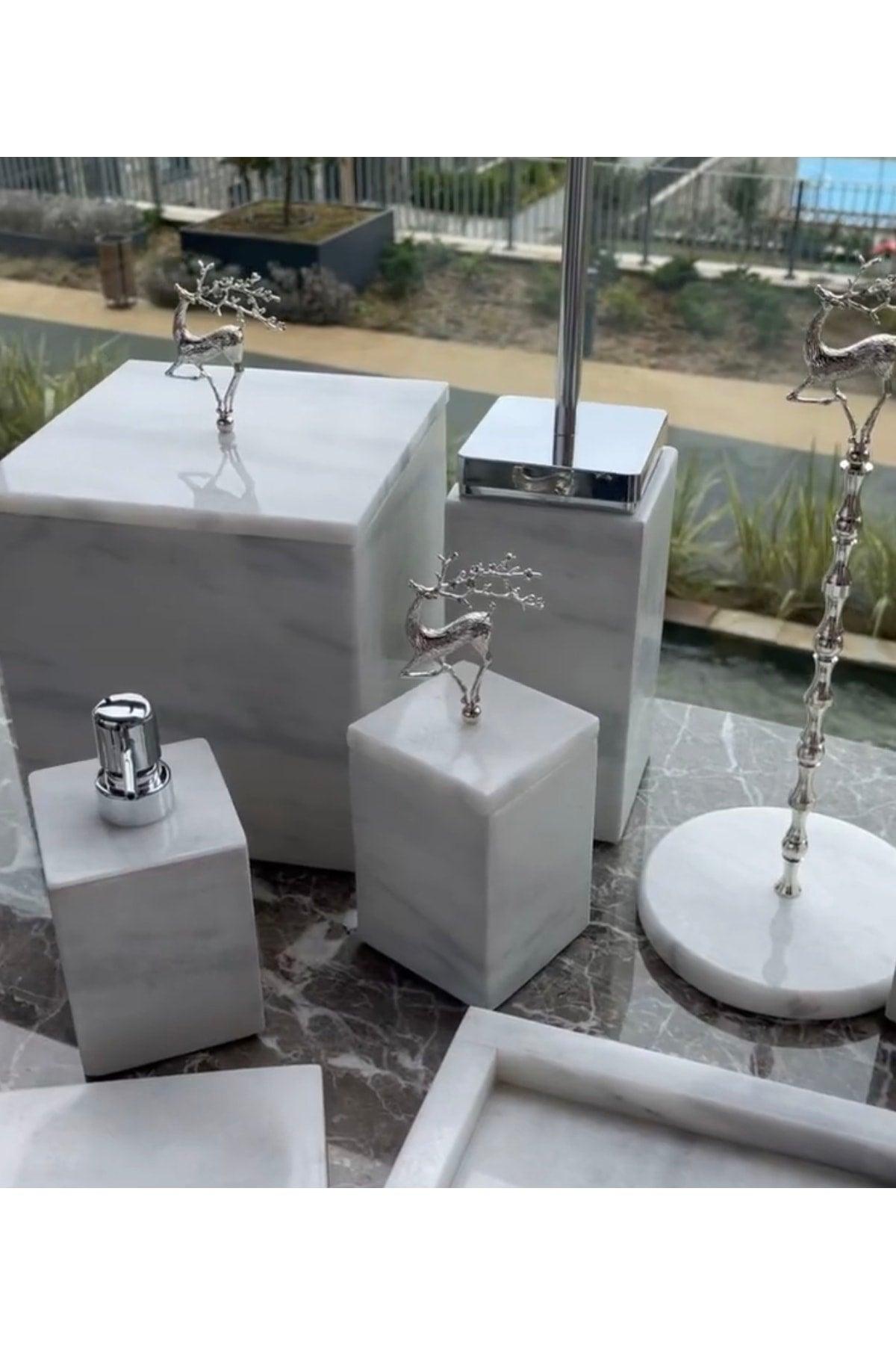 Decorative White Marble Plain Square Silver Deer Detailed 7 Pcs Bathroom Set Set - Swordslife