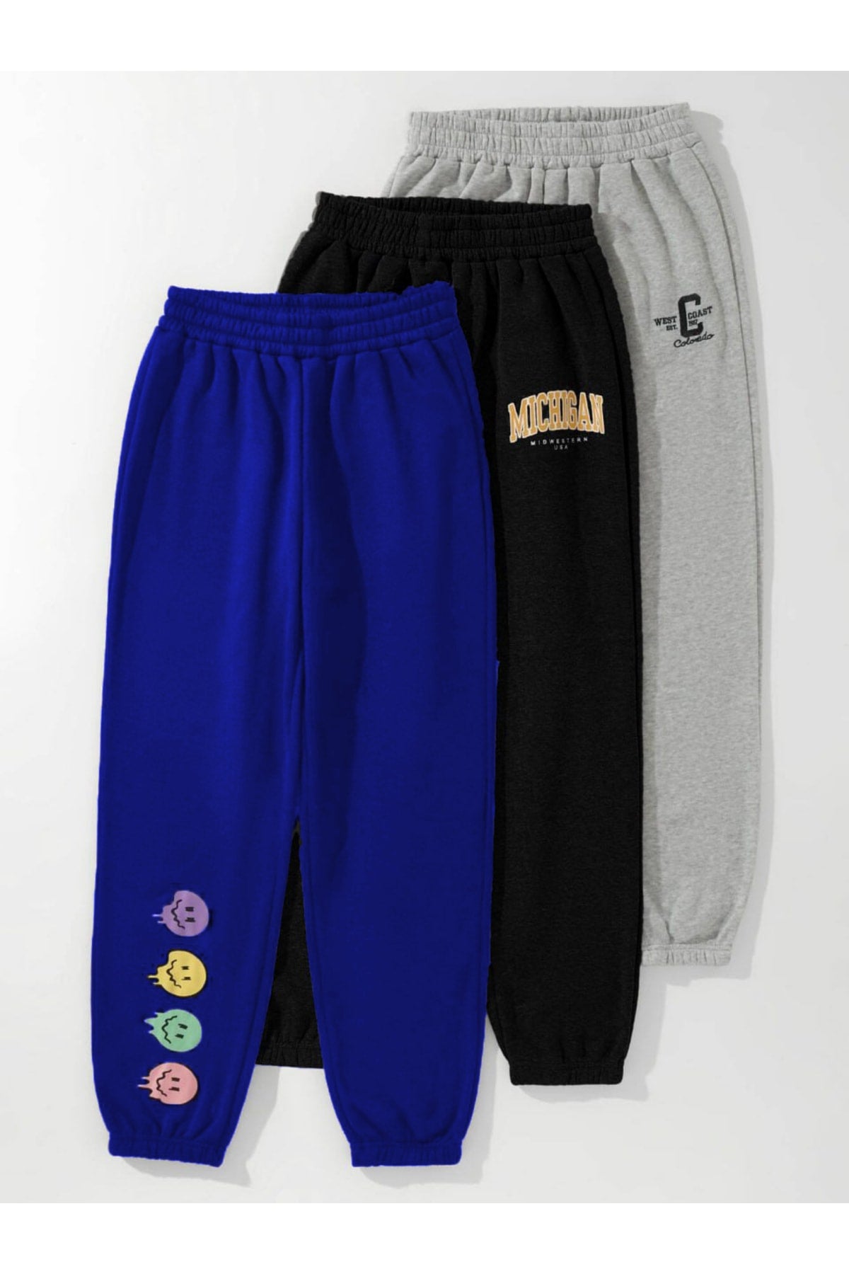 3er-Pack Jogginghosen mit Logo-Muster-Aufdruck – Sachsenblau, Schwarz und Grau, elastische Beine, Sommer