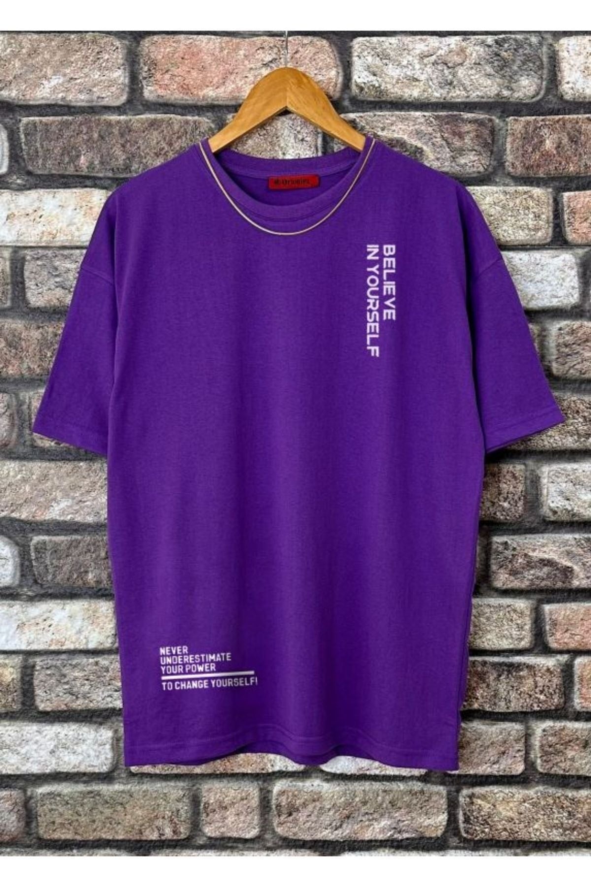  Мужская фиолетовая футболка оверсайз с принтом Believe