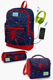 Kids Navy Blue Red Spider Patterned Usb 3 Pcs School Bag Set Set0123820