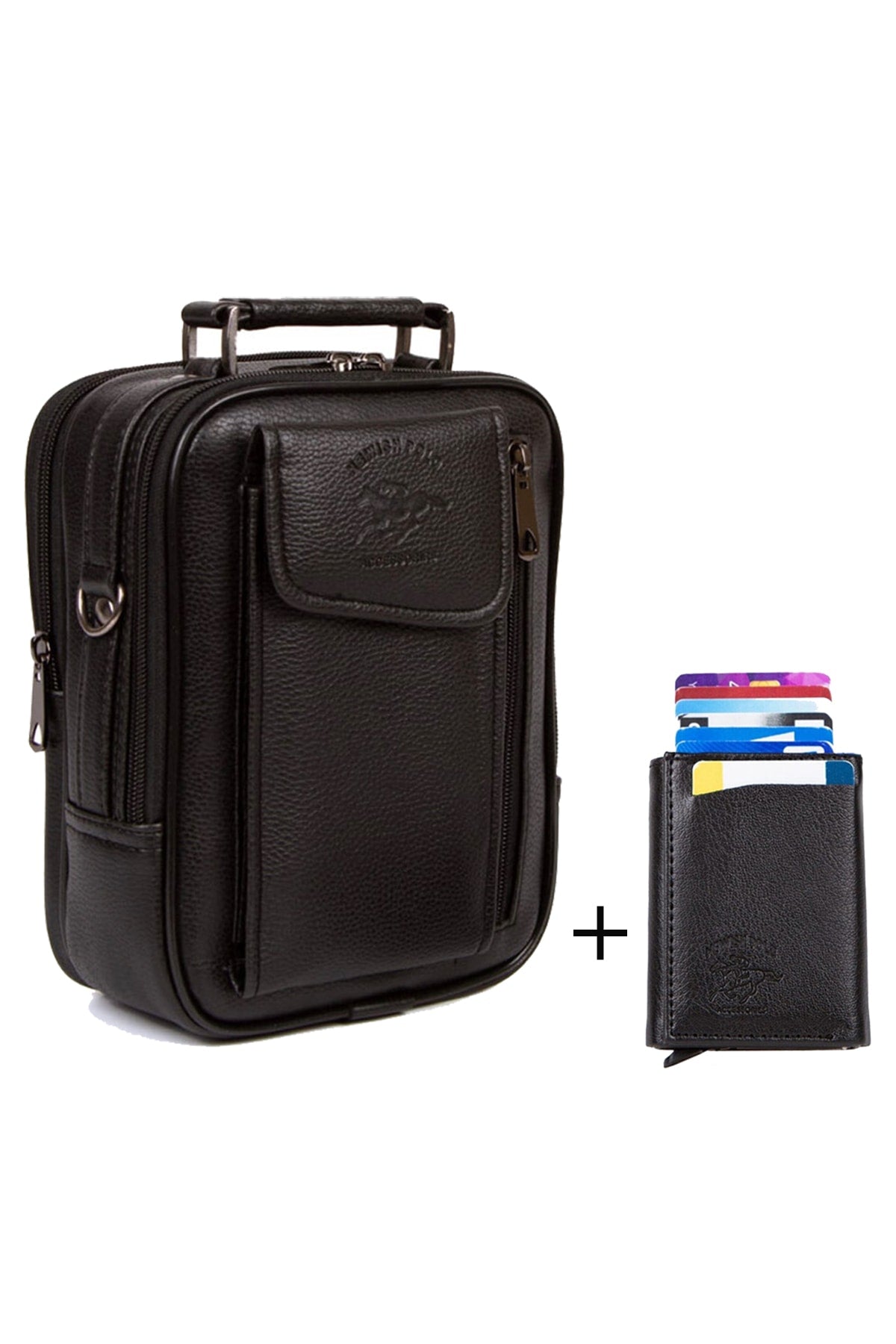 Adelina Men's Black Leather Steel Case Phone Compartment Hand And Shoulder Bag And Card Holder Wallet With Mechanism