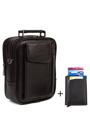 Adelina Men'S Black Leather Steel Case Phone Compartment Hand And Shoulder Bag And Card Holder Wallet With Mechanism