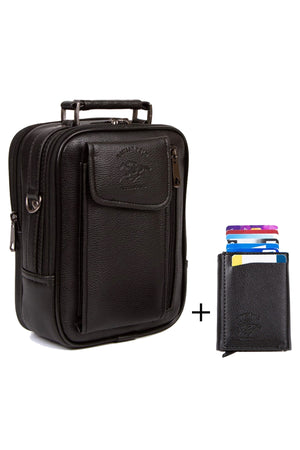 Adelina Men'S Black Leather Steel Case Phone Compartment Hand And Shoulder Bag And Card Holder Wallet With Mechanism