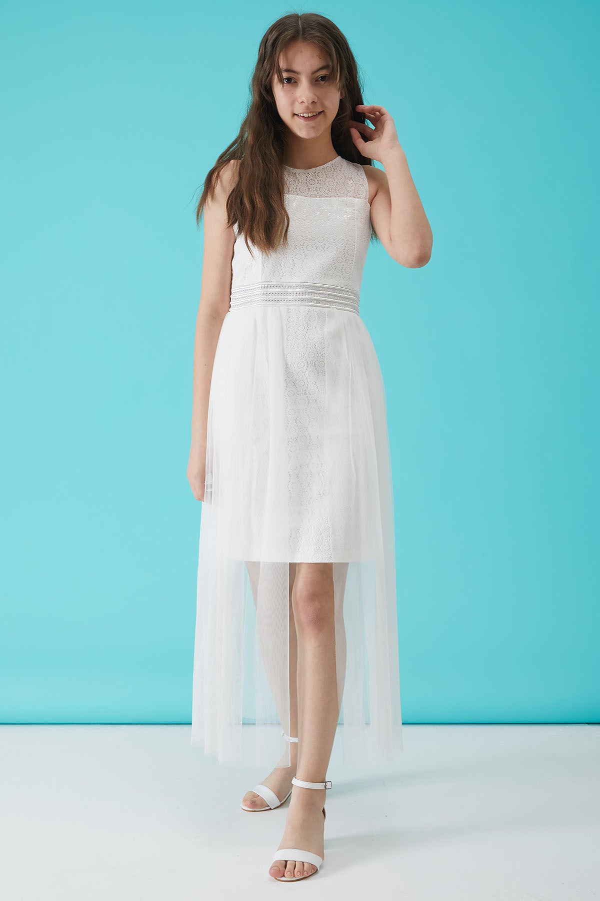 Girl'S White Stone Detailed Tulle Evening Dress 15157