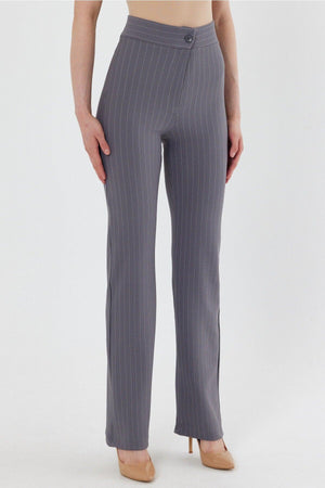 Women's Gray Striped High Waist Gatherer Bell-Length Palazzo Trousers - Swordslife