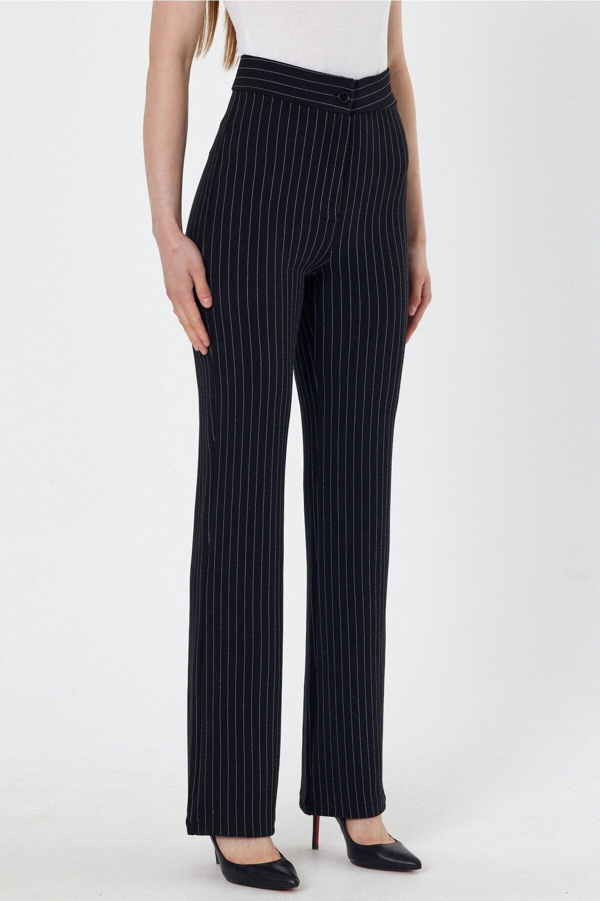 Women's Striped Black High Waist Gatherer Bell-Red Palazzo Trousers - Swordslife