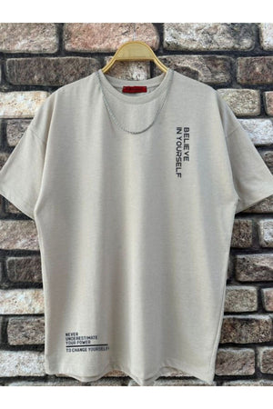 Men'S Beige Believe Printed Oversize T-Shirt