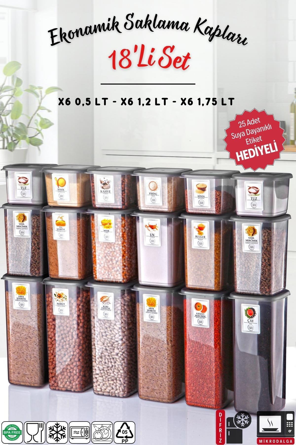 Beschriftetes 18-teiliges, sparsames, unzerbrechliches Vorratsbehälter-Set in Anthrazit, 6 Stück, 1,75/1,2/0,5 l