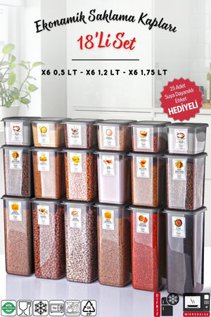 Beschriftetes 18-teiliges, sparsames, unzerbrechliches Vorratsbehälter-Set in Anthrazit, 6 Stück, 1,75/1,2/0,5 l