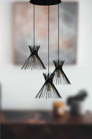 Kirpi Black Pendant Lamp Living Room - Kitchen 3-Piece Chandelier