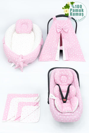 Orthopedic Baby Mattress, Pique And Stroller Accessories Set Of 6, Pink Color Stars Pattern