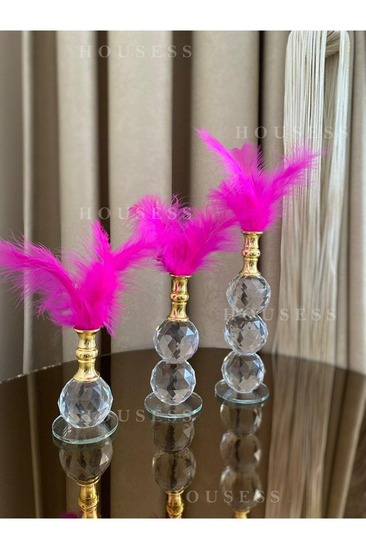 Set of 3 Fuchsia Feathered Gold Crystal Ball Feather Decor Trinket Ornament - Swordslife