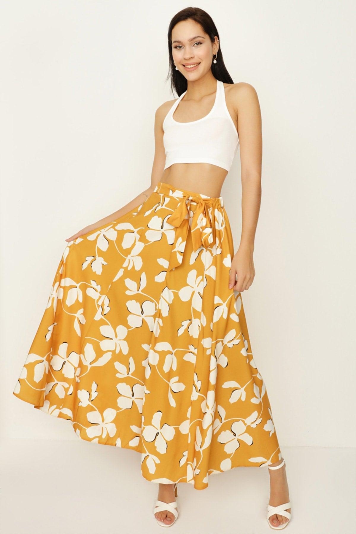 Women's Mustard Patterned Belted Ruffle Long Skirt - Swordslife