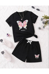 Girl Child's Suit Colored Butterfly Printed Combed Bottom-Top Shorts Tshirt Combination