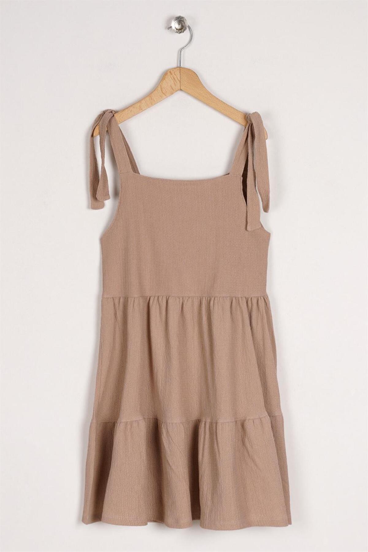Girl's Beige Colored Strap Front Button Detailed Dress