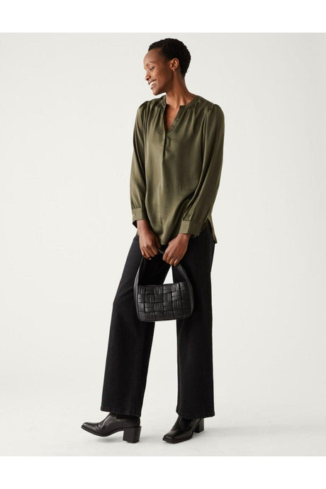 Long Sleeve V Neck Popover Blouse - Swordslife