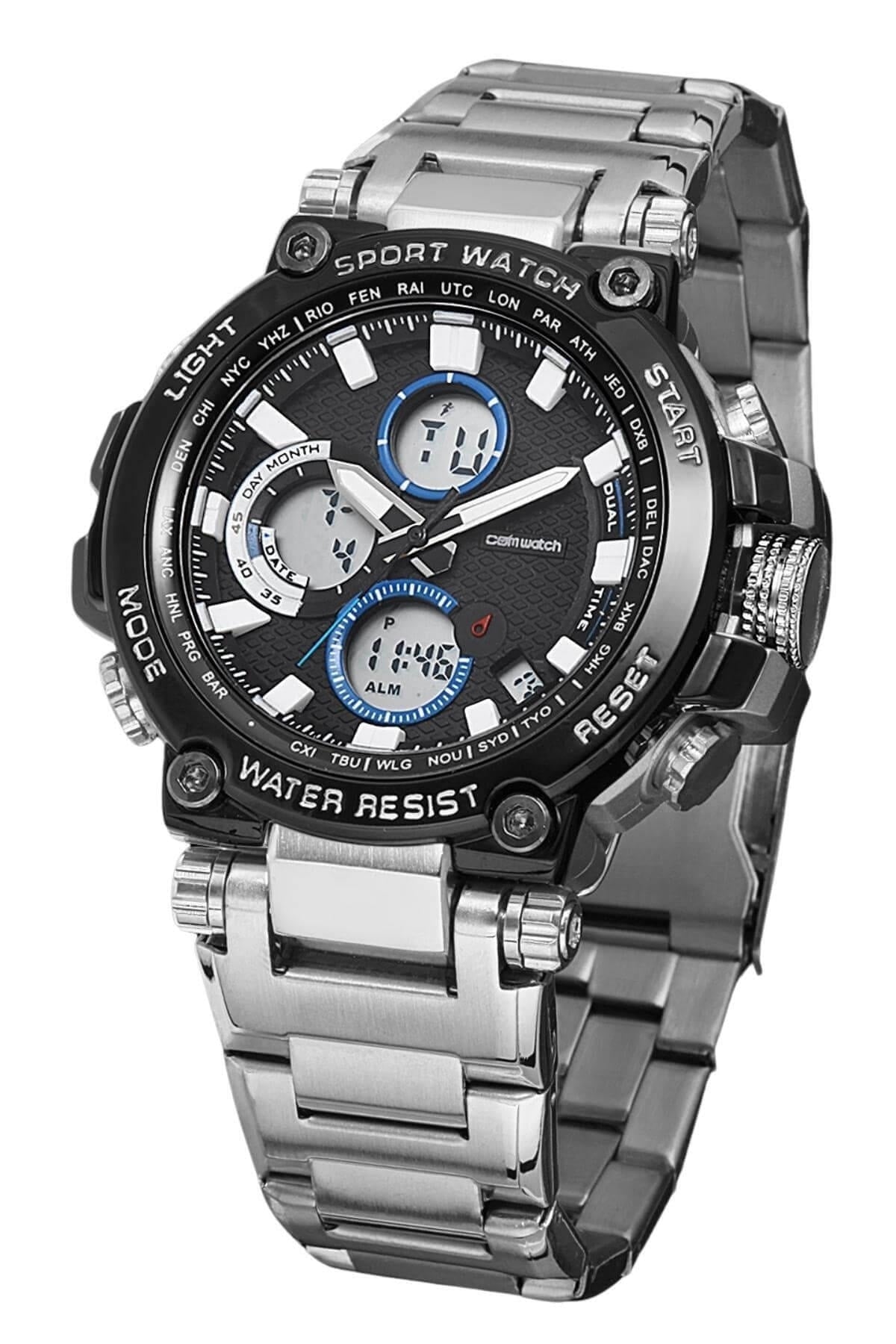 Digital Analog Mechanism Steel Band Silver Black Color Men'S Sport Wristwatch 1913-Sbm
