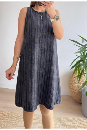 Anthracite Muslin Fabric Crew Neck Sleeveless Dress - Swordslife