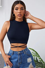 Women's Navy Blue Cross-Cover Crop Top Blouse - Swordslife