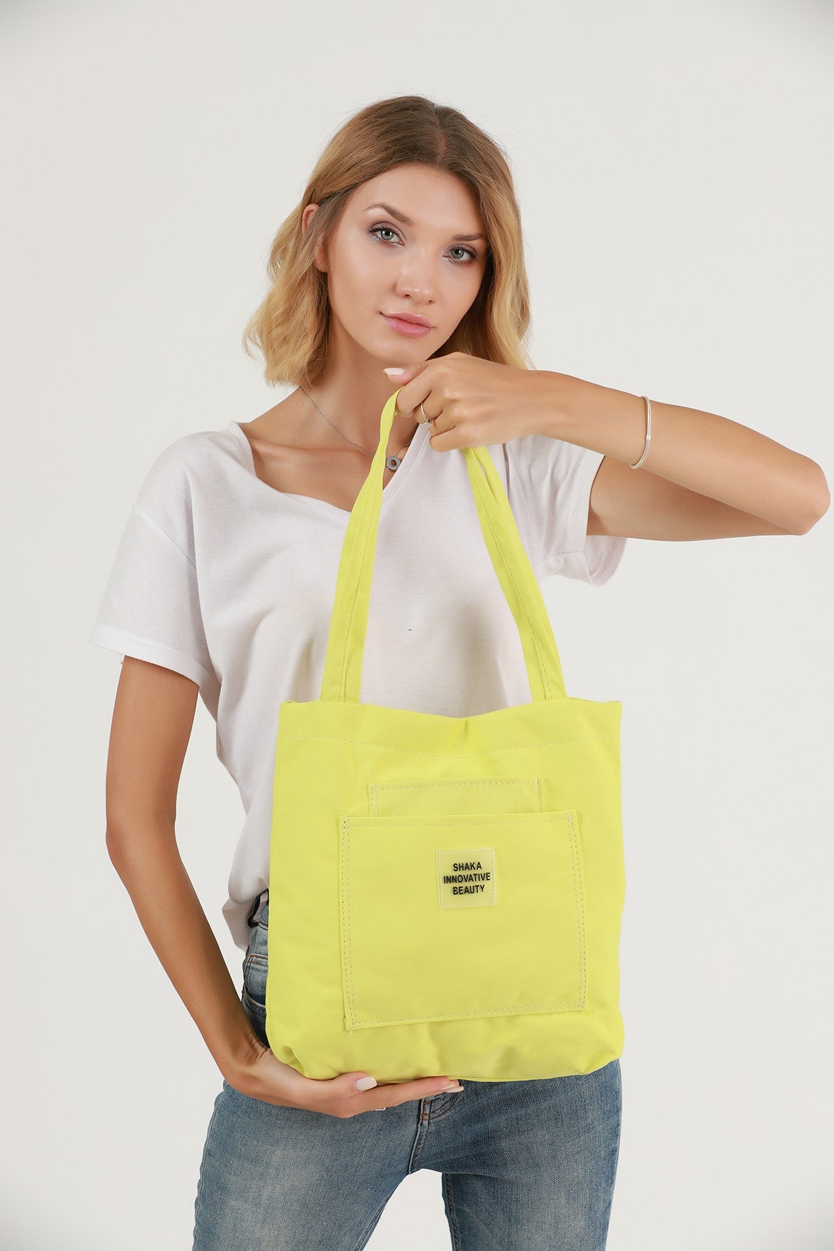 Yellow U22 3-Compartment Front 2 Pocket Detailed Canvas Fabric Daily Women's Arm and Shoulder Bag B:35 E:35