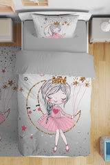 Gray Star Moon Princess Patterned Single Baby Kids Duvet Cover Set