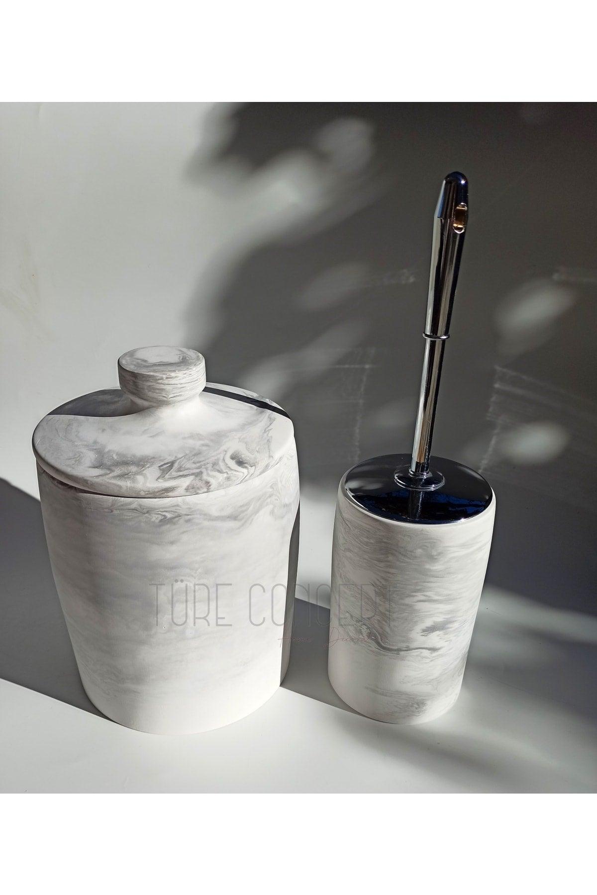 Marble Look Matte Bathroom Dustbin & Toilet Brush - Swordslife