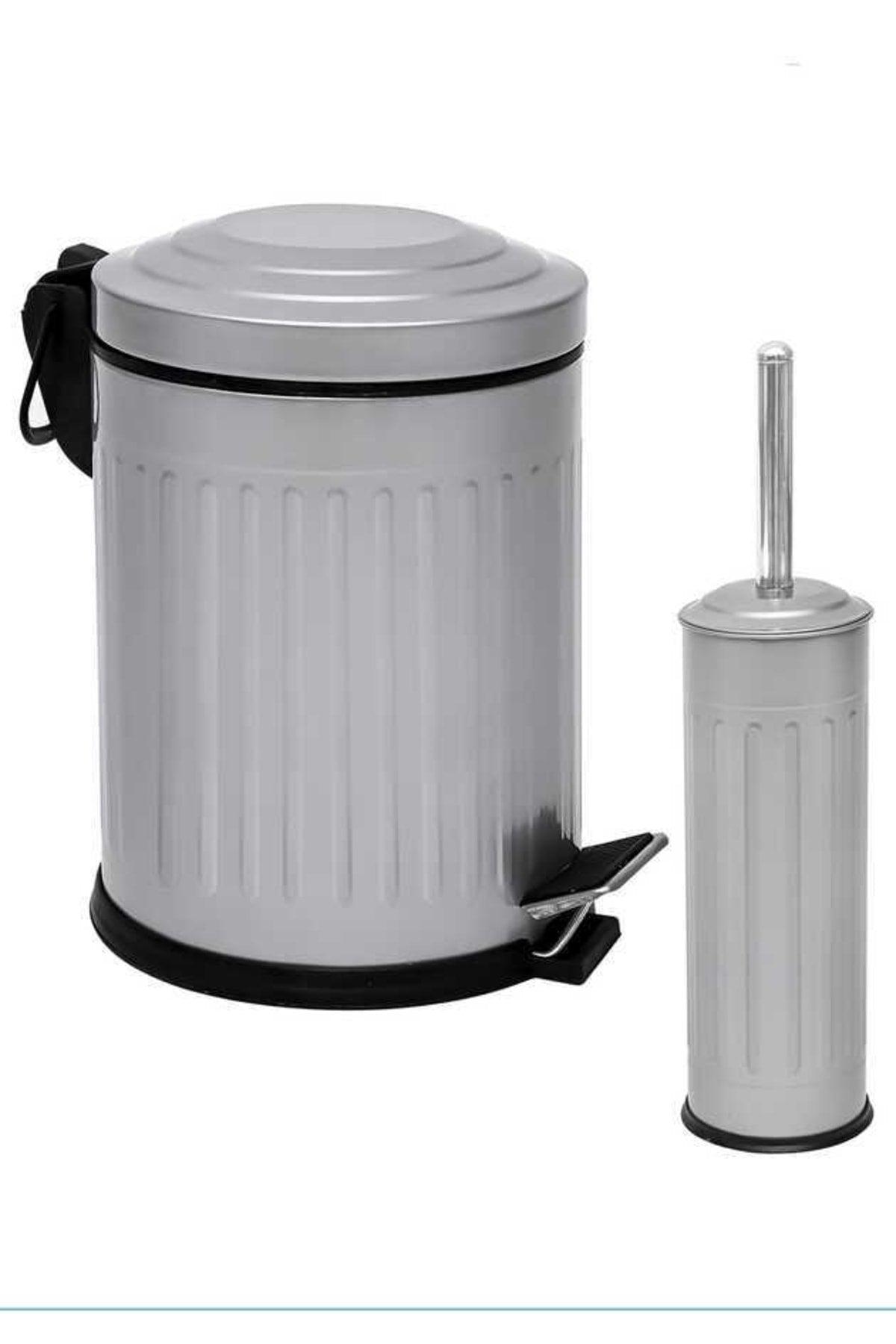 2 Liter Bathroom Set 5 Lt Vintage Series Gray Dustbin with Shock Absorber Cover - Swordslife