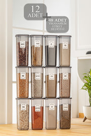 12 Pcs Jumbo Size Elisa Square Food Storage Container With Label And Lid Anthracite 12 X 1.70 Lt Legumes Container