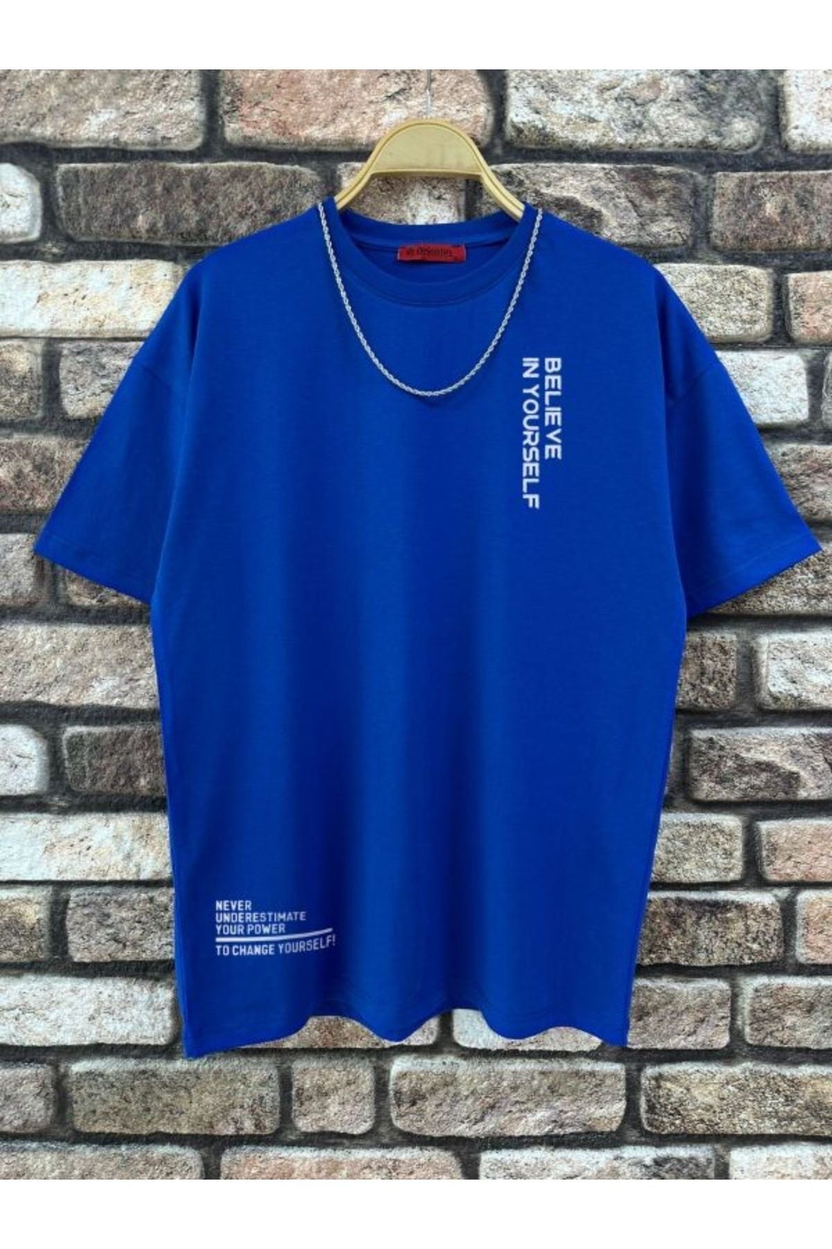 Men'S Sax Blue Believe Printed Oversize T-Shirt