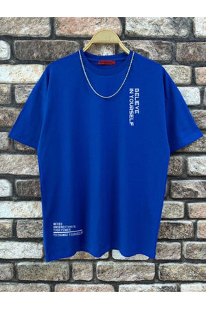 Men'S Sax Blue Believe Printed Oversize T-Shirt