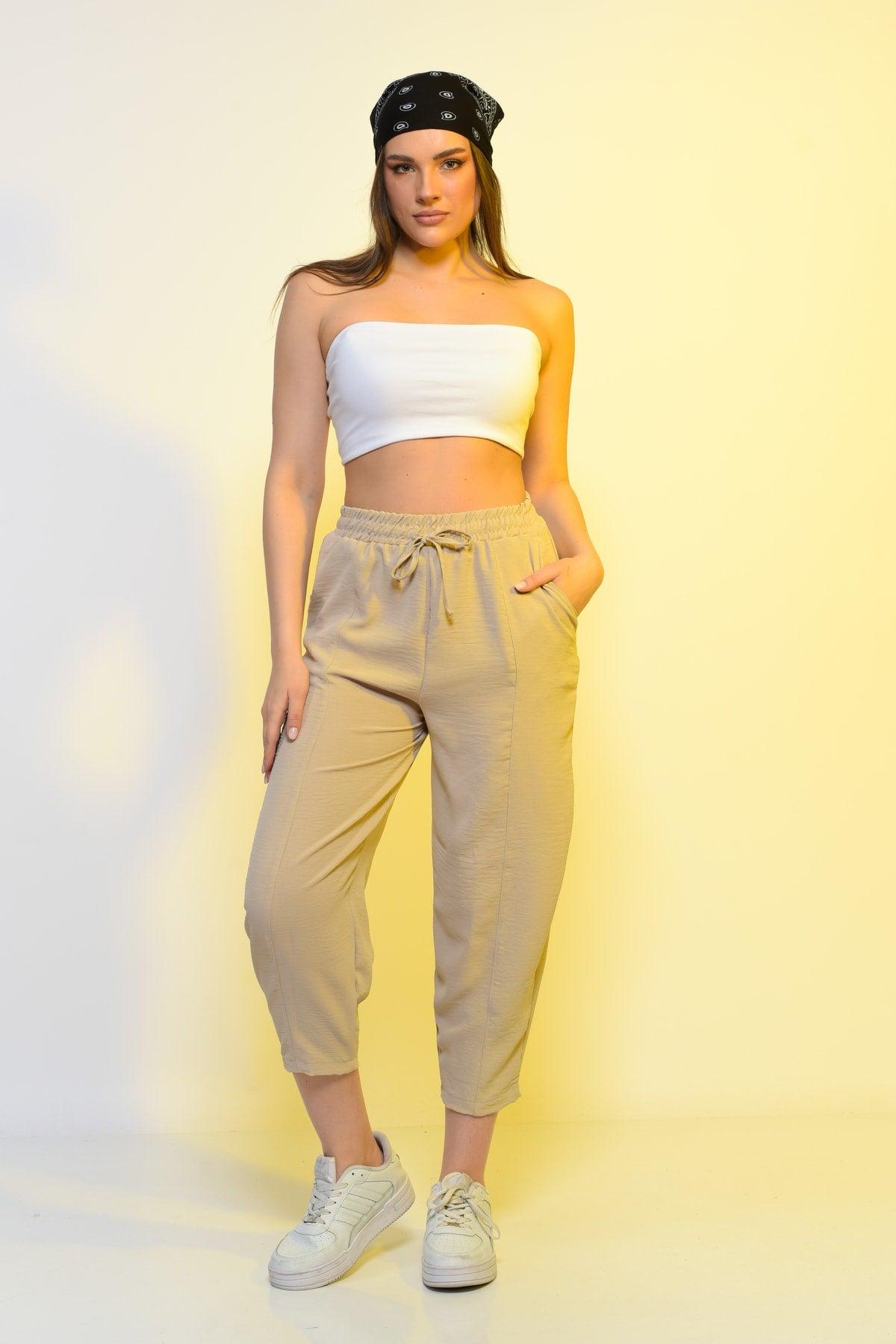 New Season Summer Elastic Waist Slim Pants High Waist Women Beige Color Casual Trousers - Swordslife