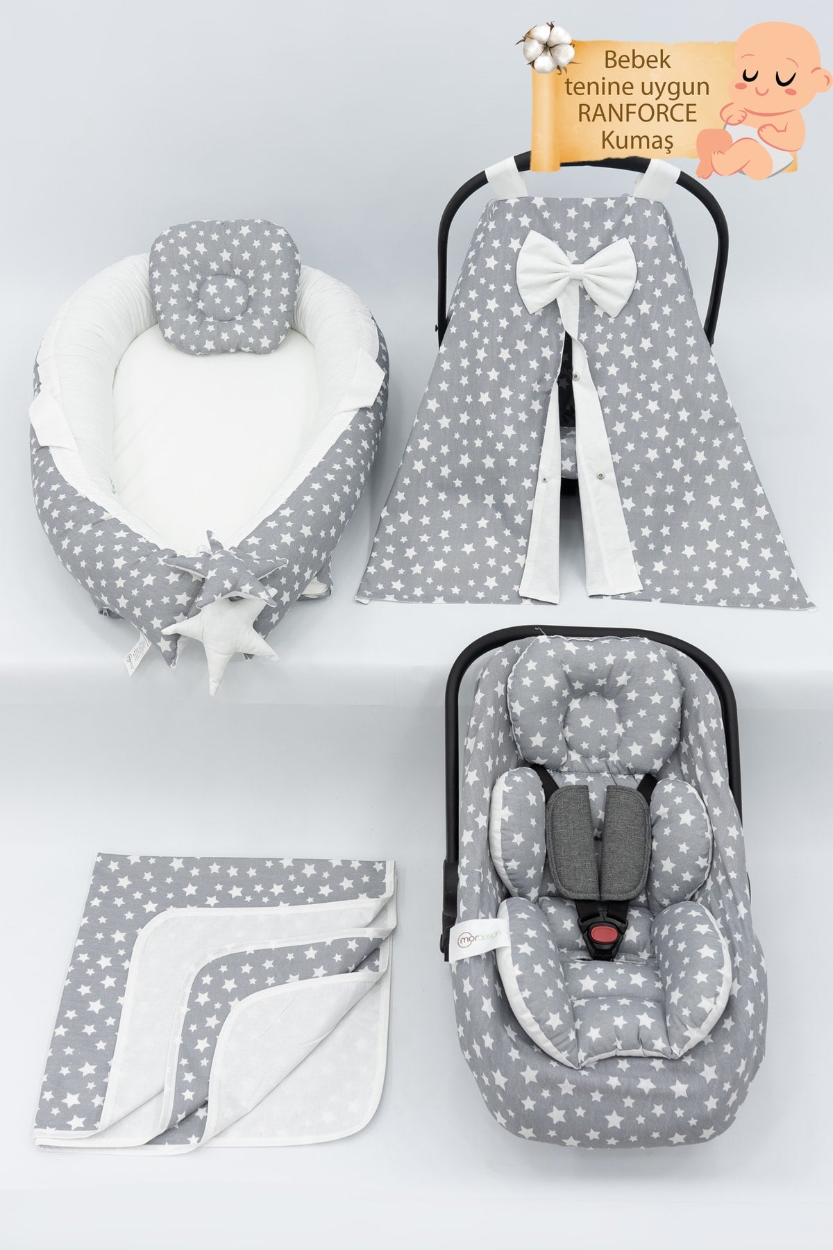Orthopädische Babymatratze, Piqué und Kinderwagenzubehör 6er-Set, graues Sternenmuster