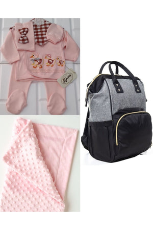 Functional Mother Baby Care Backpack, 100% Cotton Hospital Outlet And Chickpea Blanket Set