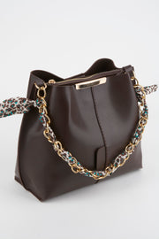 Women'S Bitter Brown Scarf Chain Accessory Soft Leather 3-Compartment Hand, Arm And Shoulder Bag