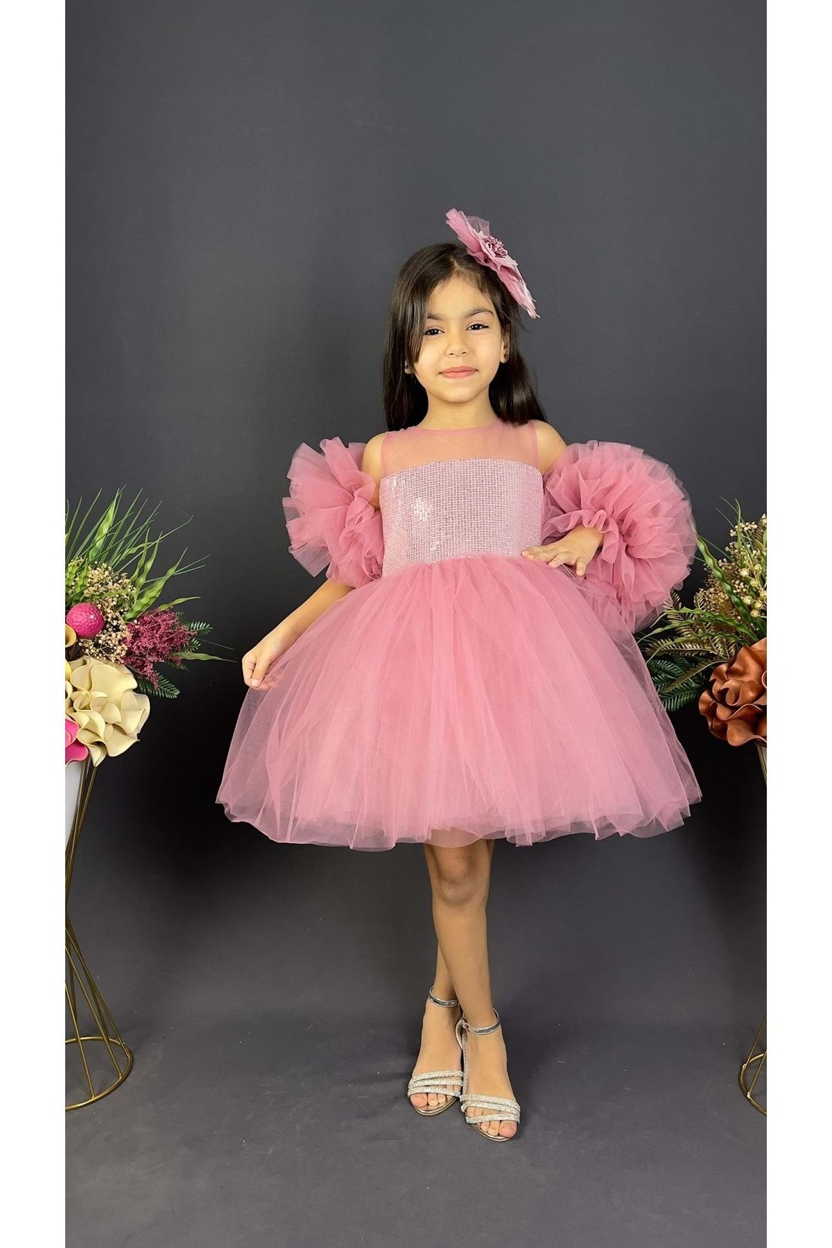 Chiffon Robe Pompom Sleeve Sequined Girls Fluffy Skirt Tulle Evening Dress Dark Pink