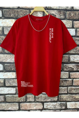 Men'S Red Believe Printed Oversize T-Shirt