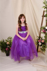 Girl's Satin Evening Dress with Back Gipe and Tulle Purple