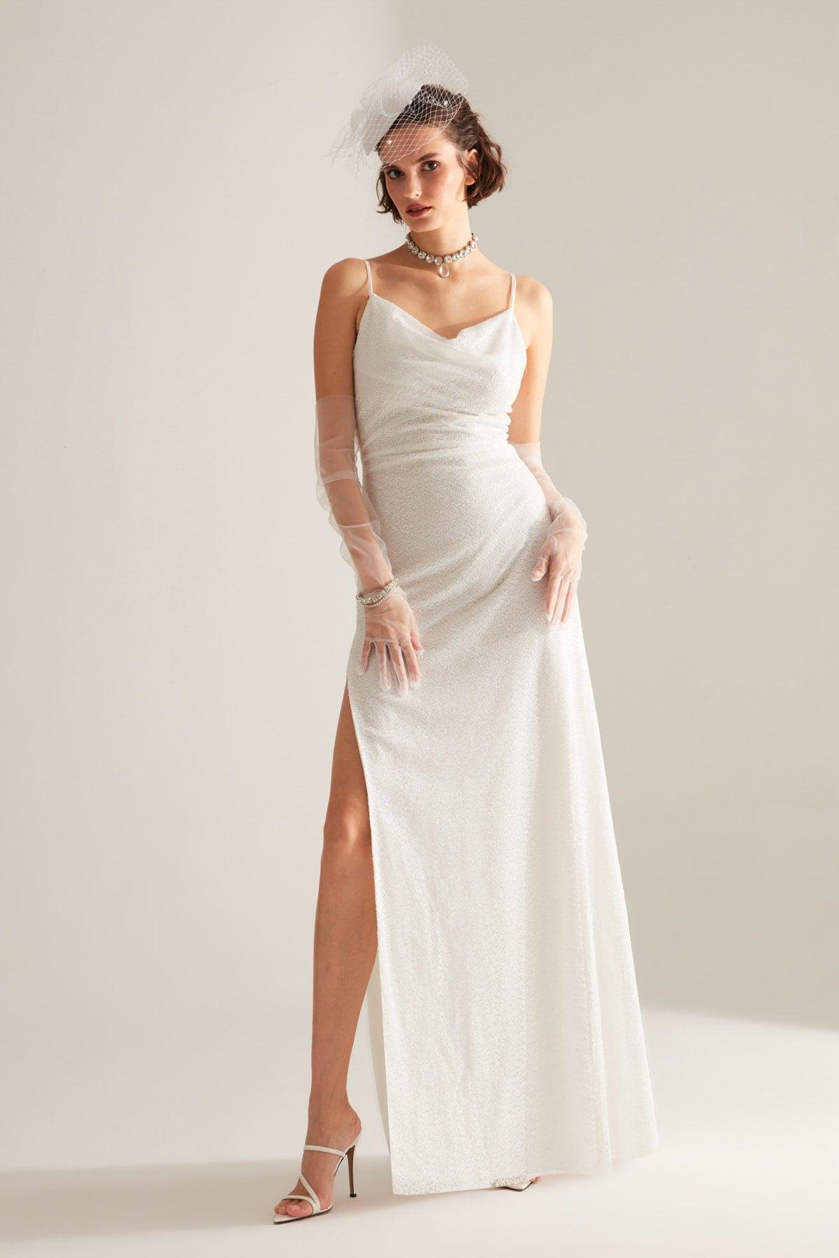 Strap Degajee Collar Slit Sequin White Evening Dress - Swordslife