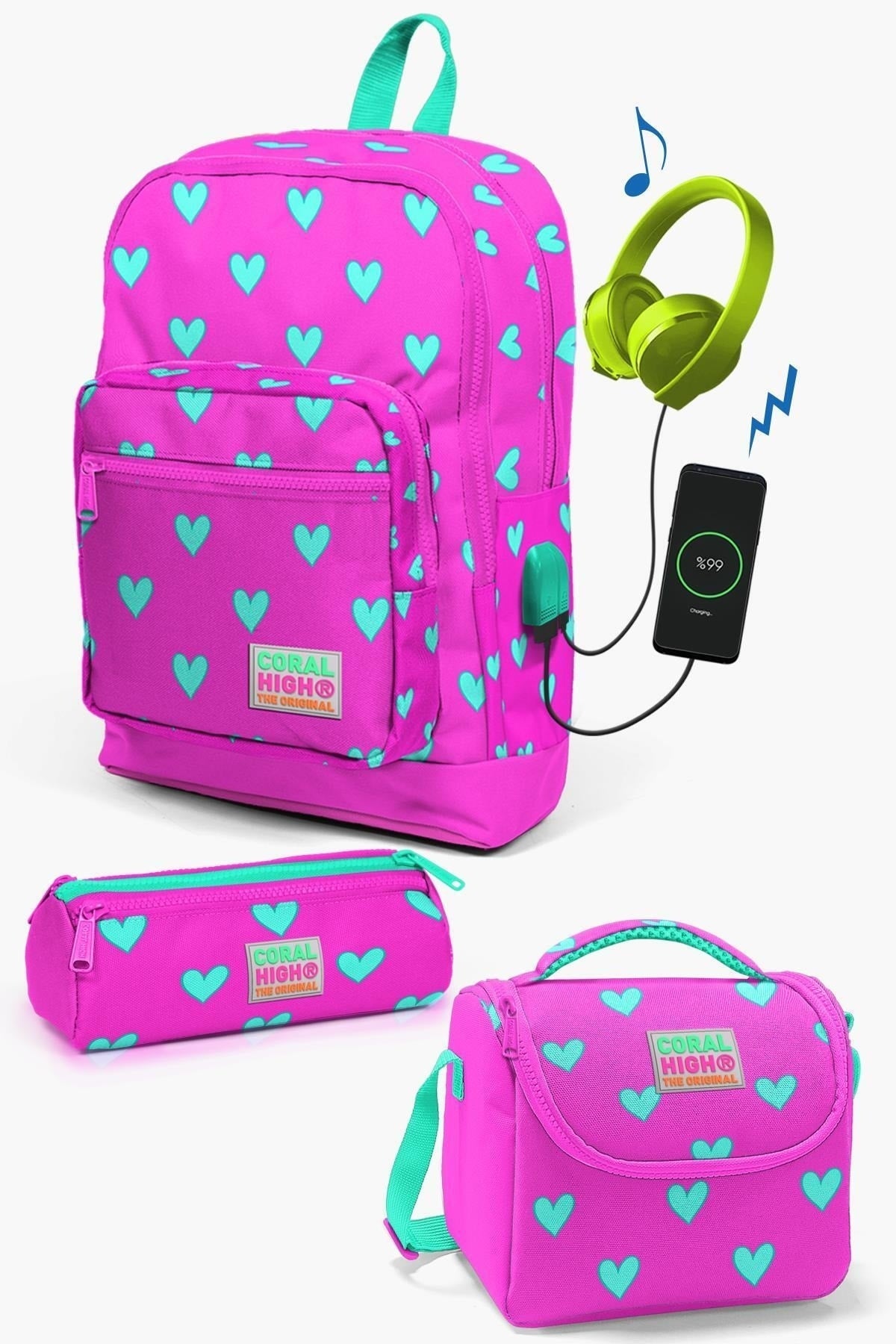 Kinder Neon Pink Wasser Grün Herz Gemustert USB 3 Stück Schulranzen Set0123277