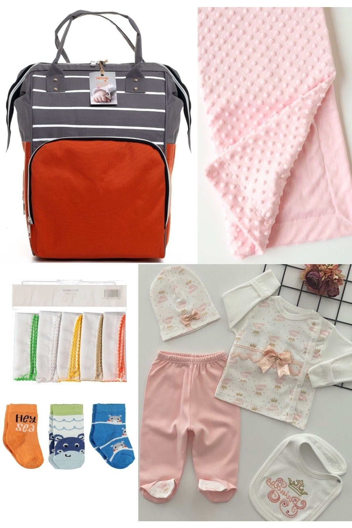 5-teiliges Schwangerschaftsset (Babypflegerucksack, Krankenhausausgang, Kichererbsendecke, 10 Feuchttücher und 3 Socken)