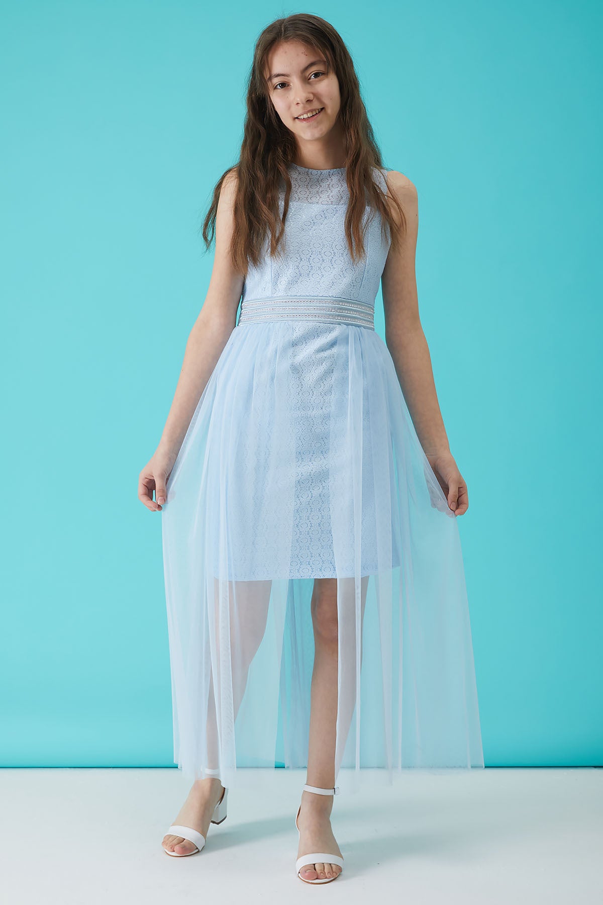 Girl'S Blue Stone Detailed Tulle Evening Dress 15156