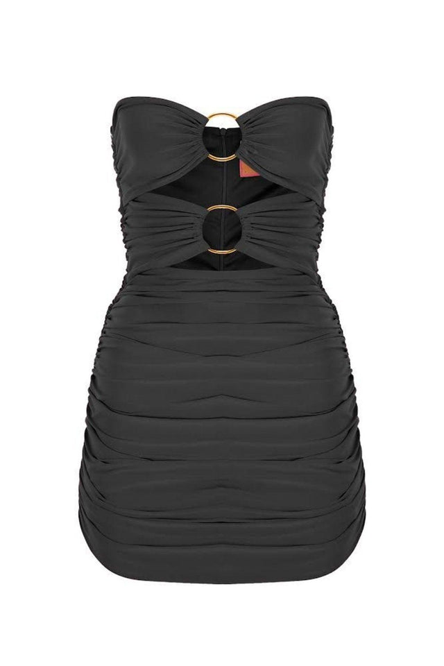 Black Bust Gold Two-Ring Ruffle Strapless Draped Mini Evening Dress - Swordslife