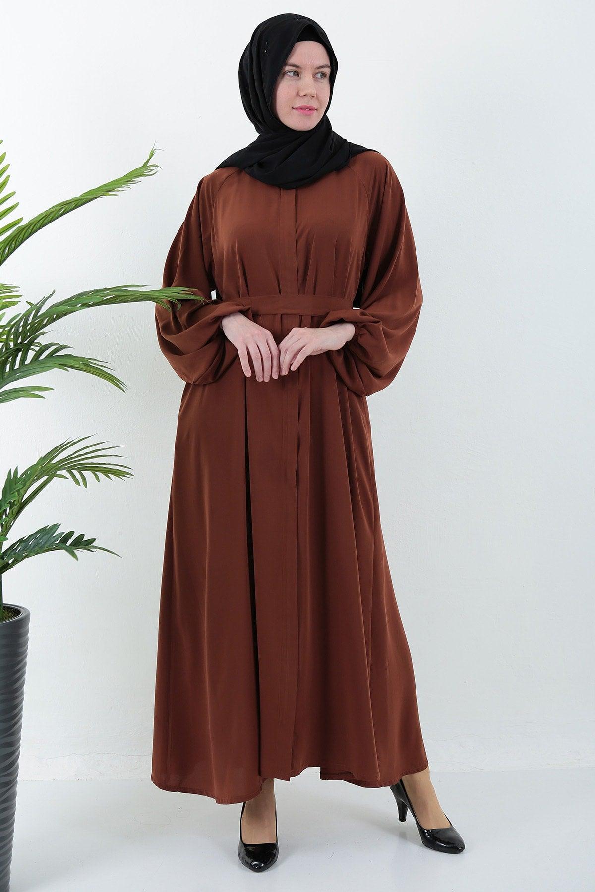 Tile Plaid Zippered Belted Pocket Abaya Hijab - Swordslife