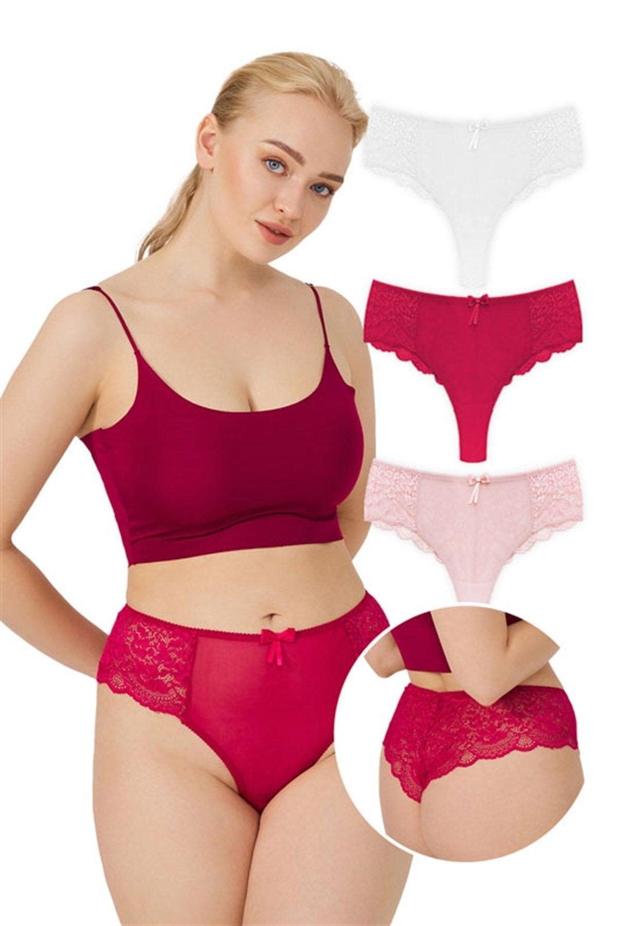 Lace Tulle Detailed Plus Size Women's Brazilian 3-Pack Panties - 2 - Swordslife