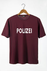 Men's Burgundy Front Polizei Printed Crew Neck Oversize Fit Basic Cotton T-shirt