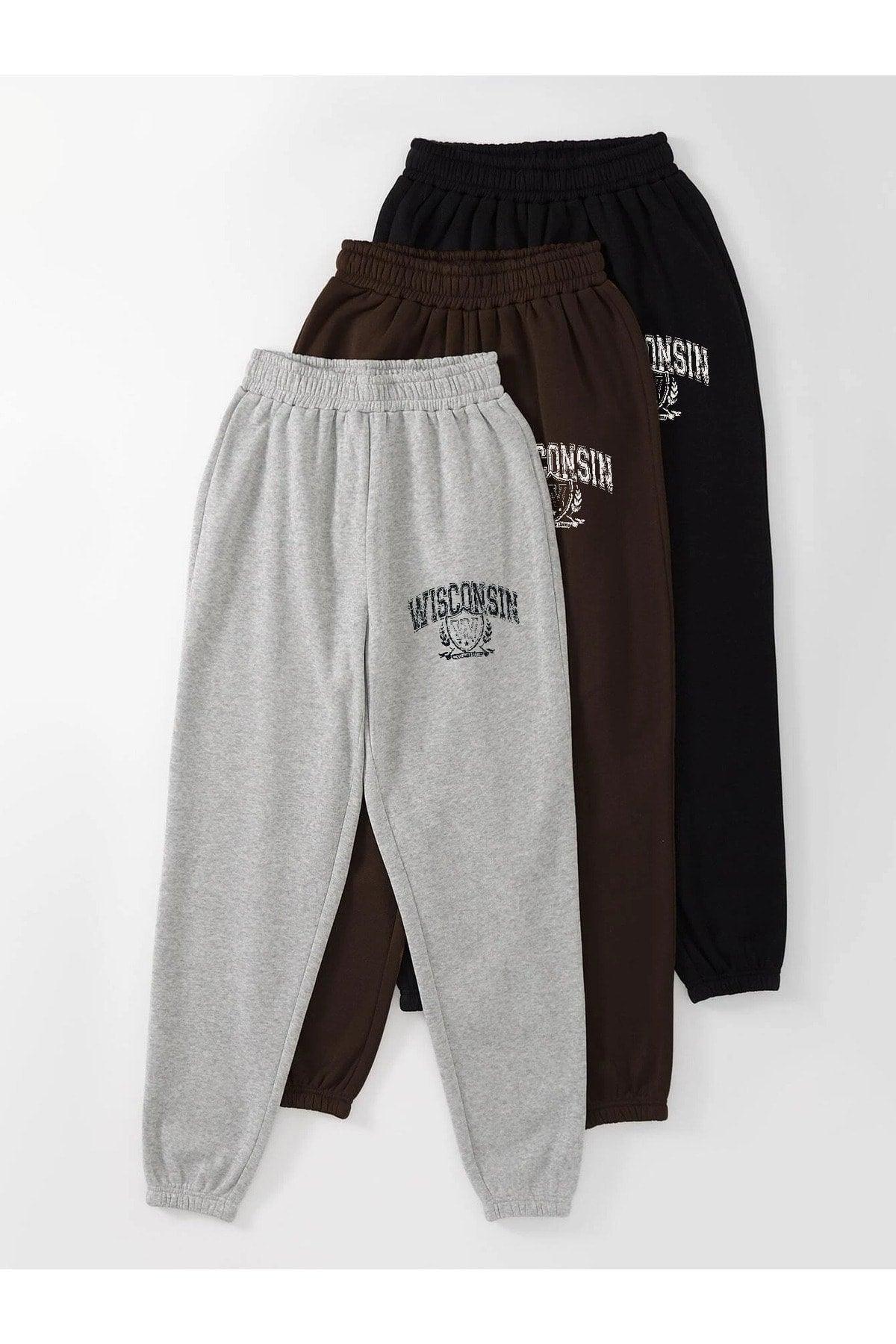 3-pack Wisconsin Printed Jogger Sweatpants - Black Gray And Brown Elastic Leg High Waist Summer - Swordslife