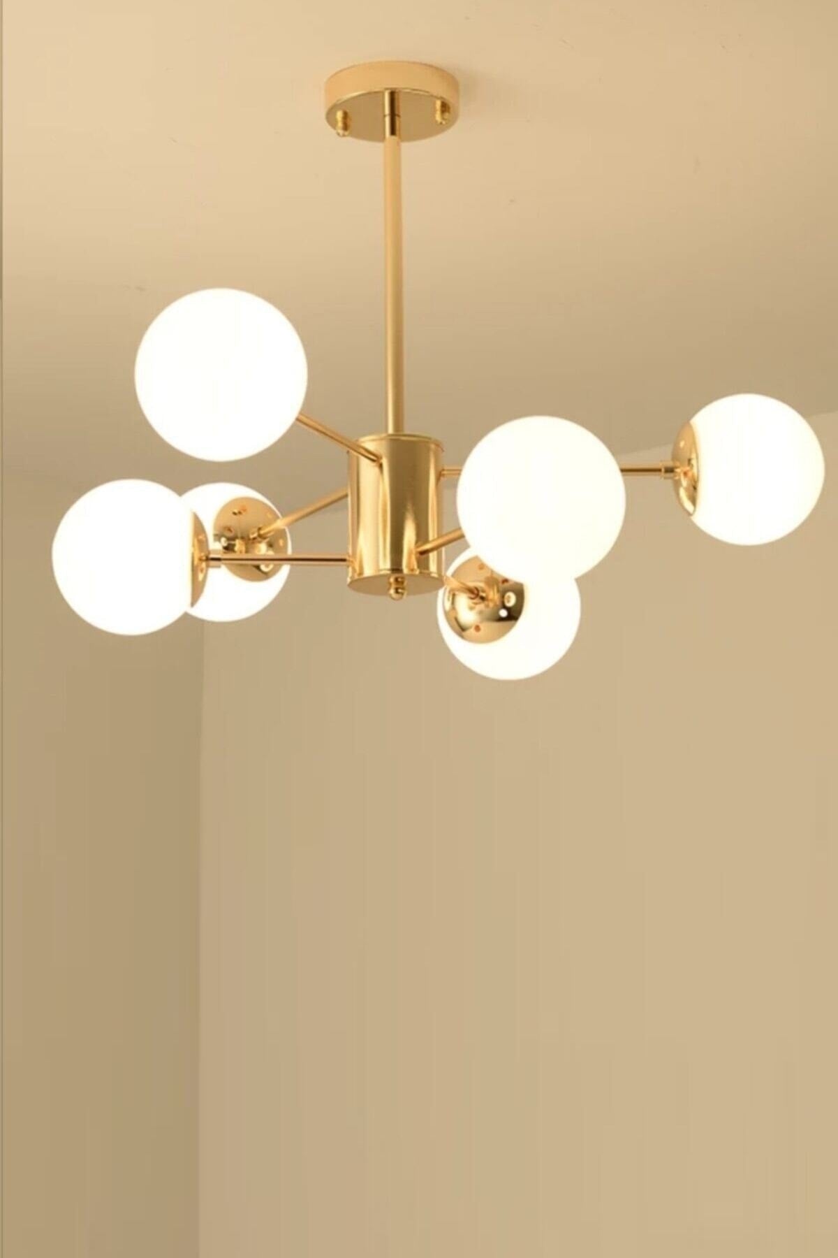 Rita Modern Gold Plated White Globe Glass Six-Piece Chandelier