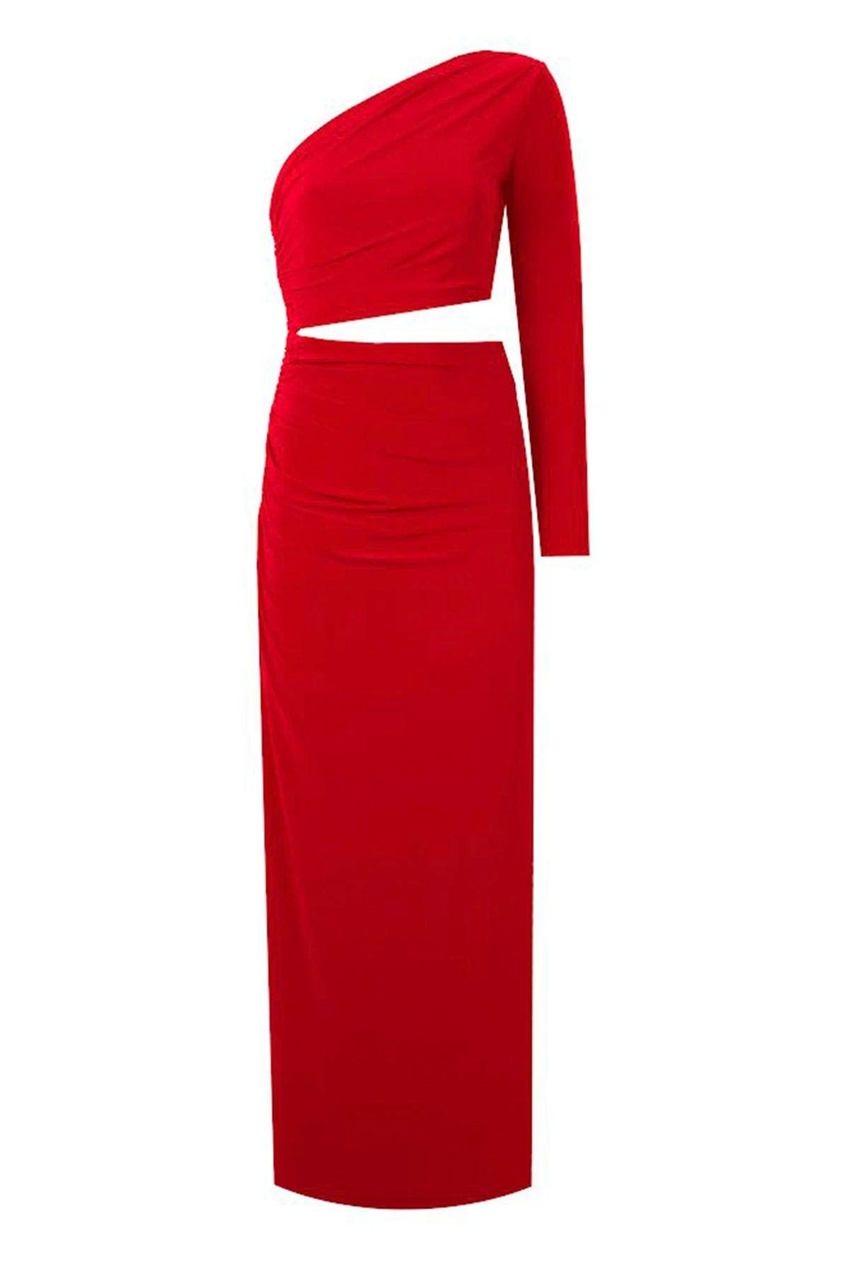 Red Single Sleeve Side Draped Long Evening Dress with Belly Window - Swordslife